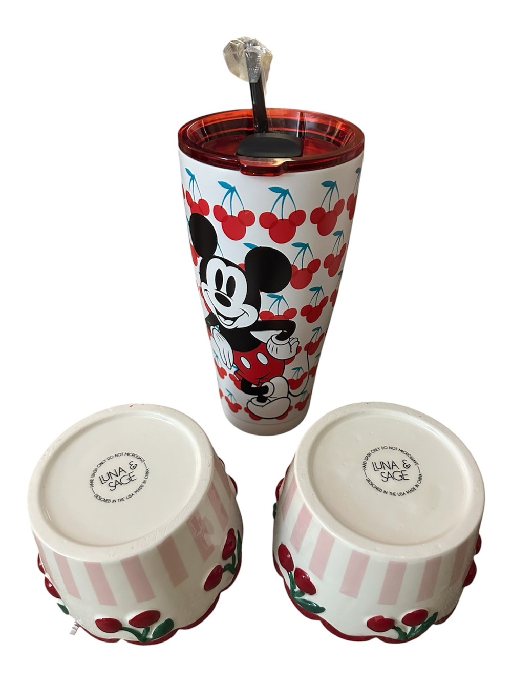 Disney Mickey Mouse Cherry Tumbler + Pair of Hand-Painted Cherry Bowls GIFT SET - Picture 3 of 15